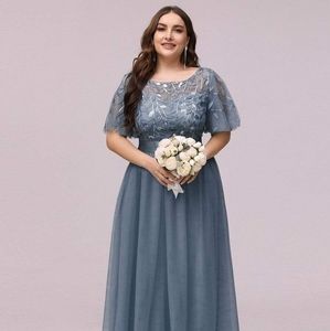 Women's Dusty Navy A-Line Sequin Leaf Maxi Prom & Bridesmaid Dress with Sleeves